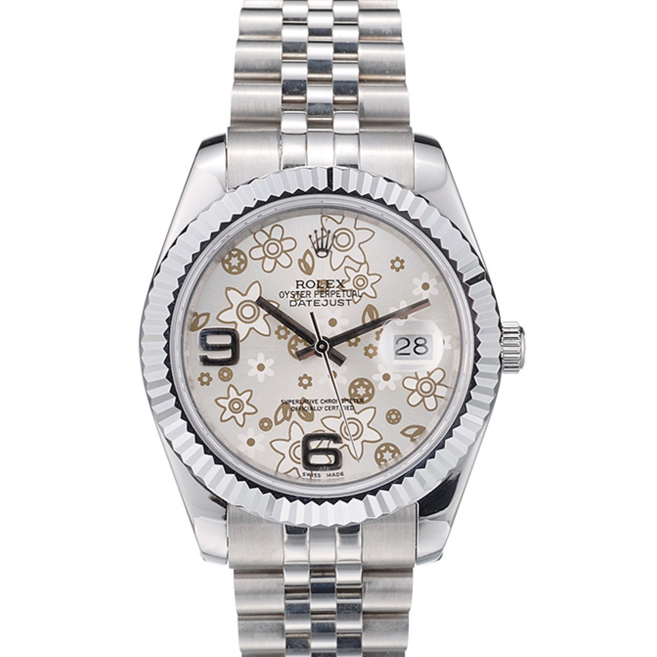 Rolex aaa copy 42001 Steel Dial Ribbed Stainless Rolex Swiss Flower Bezel Silver DateJust 0728